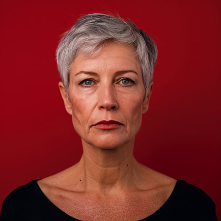 a woman with grey hair and a red backgroundの素材