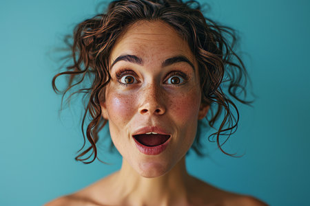 a woman with her mouth open and a surprised look on her faceの素材