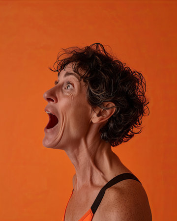 a woman with her mouth open on an orange backgroundの素材