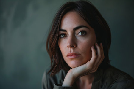 a woman with her hand on her chin looking at the cameraの素材