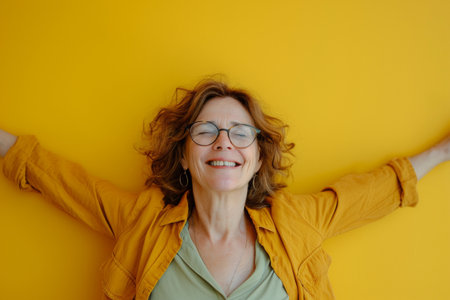 a woman with her arms outstretched on a yellow backgroundの素材