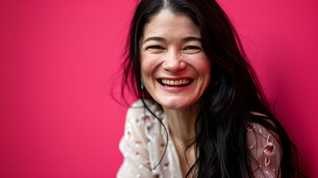 a woman with long black hair smiling in front of a pink wallの素材