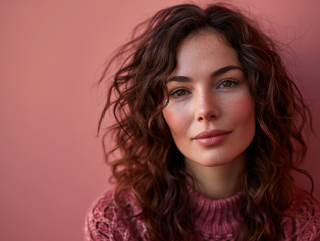a woman with long curly hair and pink sweaterの素材