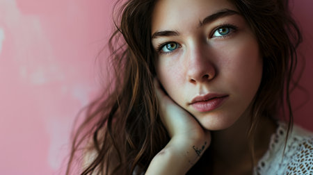 a woman with long brown hair and blue eyes is looking at the cameraの素材