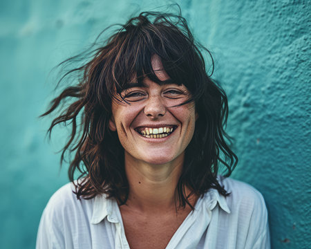 a woman with long hair smiling in front of a blue wallの素材