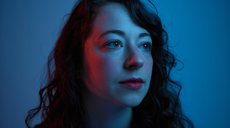 a woman with long curly hair and a blue light behind herの素材