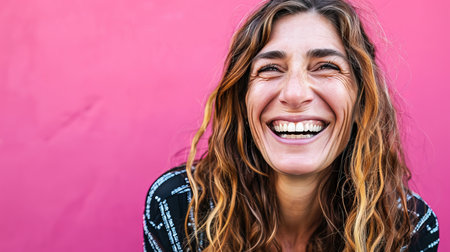 a woman with long hair is smiling in front of a pink wallの素材