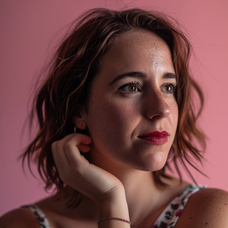 a woman with short hair and red lipstick posing against a pink backgroundの素材