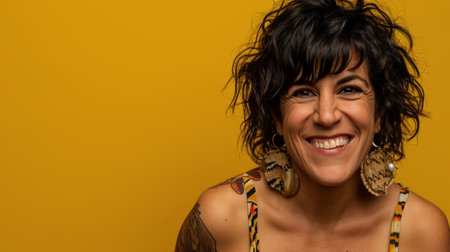 a woman with short black hair smiling at the cameraの素材