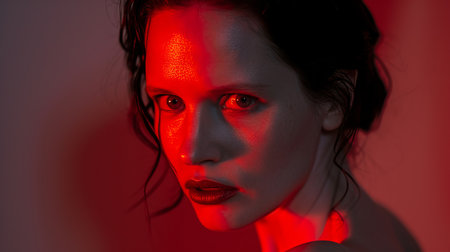 a woman with red light on her faceの素材