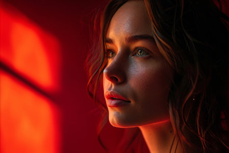 a woman with long hair in front of a red lightの素材
