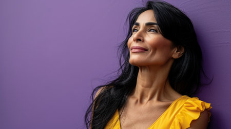 a woman with long black hair and a yellow top is leaning against a purple wallの素材