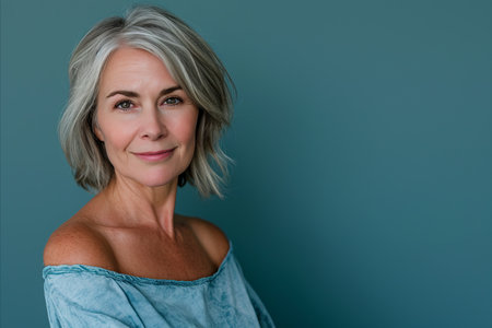 a woman with gray hair posing against a blue backgroundの素材