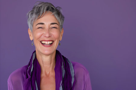 a woman with gray hair and a purple scarf is smilingの素材