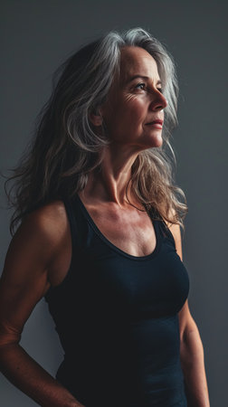 a woman with gray hair and a black tank topの素材