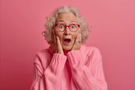 surprised senior woman with pink sweater and glasses on pink backgroundの素材