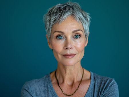 portrait of mature woman with short grey hair on blue backgroundの素材