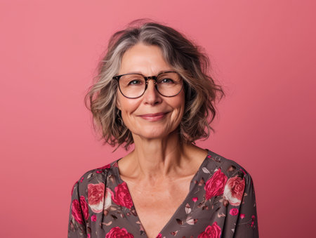 portrait of mature woman with glasses on pink backgroundの素材