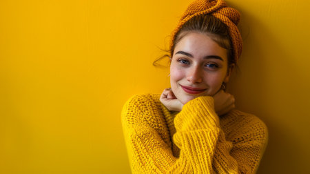 a young woman in a yellow sweater leaning against a yellow wallの素材