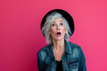 an older woman with a hat on a pink backgroundの素材