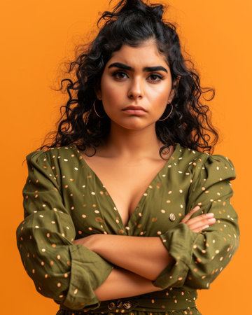 a young woman with curly hair standing with her arms crossed against an orange backgroundの素材