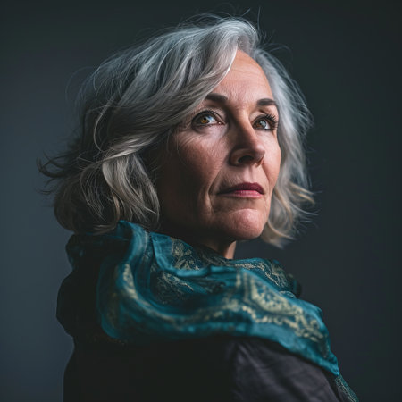 an older woman in a black jacket and scarfの素材