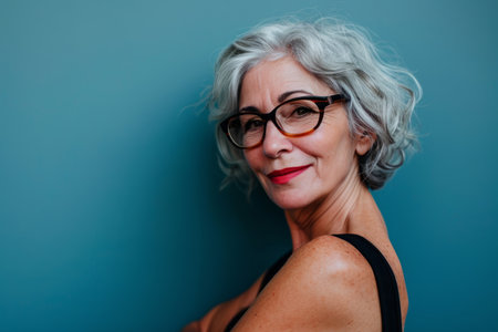 an older woman wearing glasses and a black topの素材