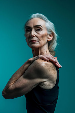 an older woman posing with her arm on her shoulderの素材