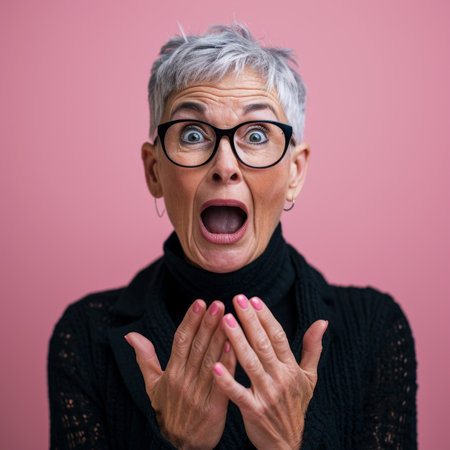 an older woman with glasses and a shocked expression on her faceの素材