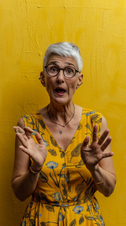 an older woman with glasses and a yellow backgroundの素材