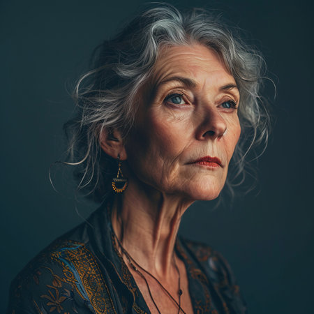 an older woman with gray hair and earringsの素材