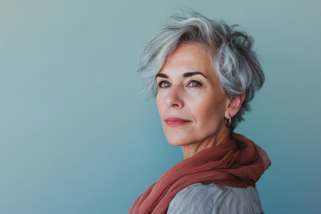 an older woman with gray hair and a scarfの素材