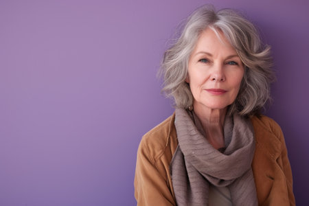 an older woman with gray hair and a scarf is standing against a purple wallの素材