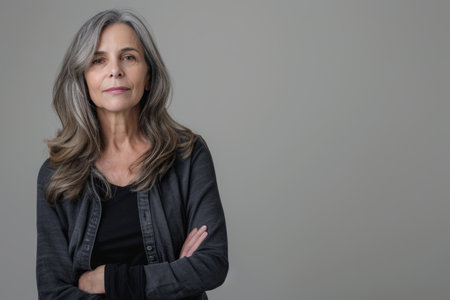an older woman with gray hair standing with her arms crossedの素材