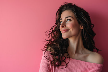 beautiful woman with long curly hair posing against a pink backgroundの素材