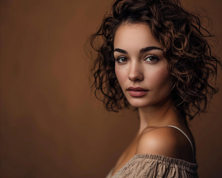 beautiful woman with curly hair on brown backgroundの素材