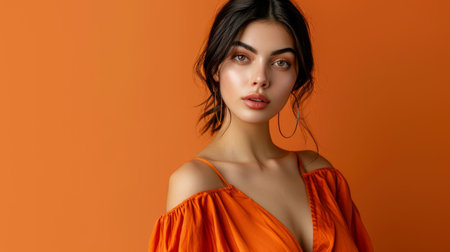 beautiful young woman in an orange dress on an orange backgroundの素材