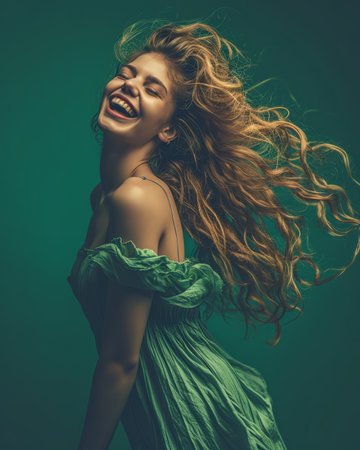 beautiful young woman in green dress laughing with her hair blowing in the windの素材