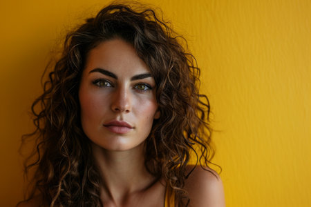 beautiful woman with curly hair on yellow backgroundの素材