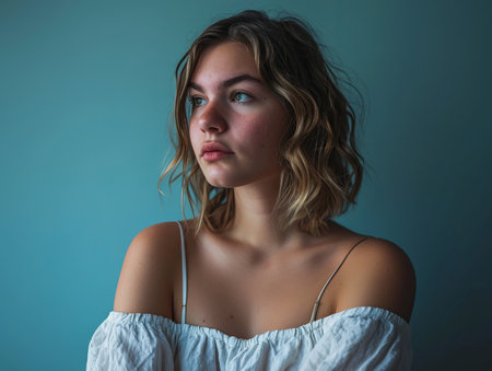 portrait of a beautiful young woman against a blue backgroundの素材