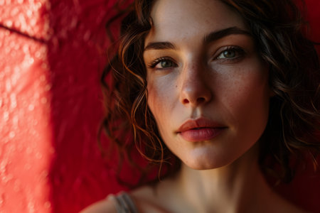 portrait of a beautiful woman against a red wallの素材