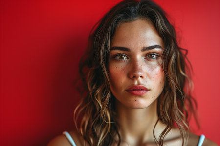 portrait of a beautiful young woman with red background stock photoの素材
