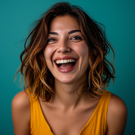 portrait of a happy young woman laughing on a blue background stock photoの素材