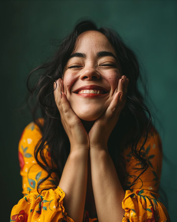 portrait of a smiling young woman with her hands on her face on a green backgroundの素材