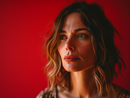 portrait of a woman against a red backgroundの素材