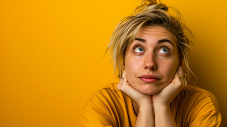 portrait of a young woman with her hands on her chin and a sad expression on her face on a yellow backgroundの素材