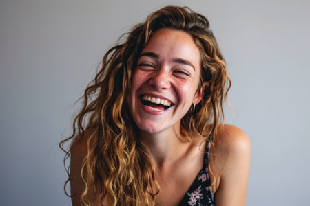 a woman with long curly hair laughingの素材