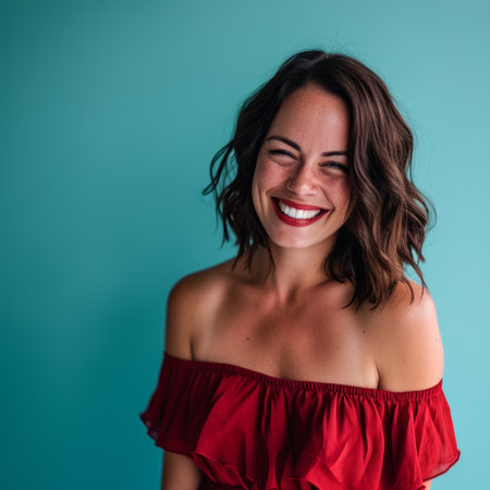 smiling woman in red off the shoulder topの素材