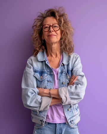 senior woman with curly hair and glasses standing against a purple wallの素材