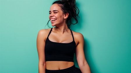 smiling woman in black sports bra top standing against turquoise backgroundの素材